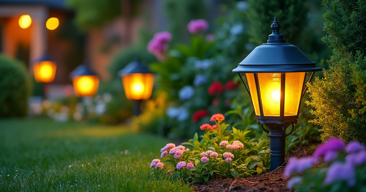Smarte Gartenbeleuchtung im abendlichen Garten