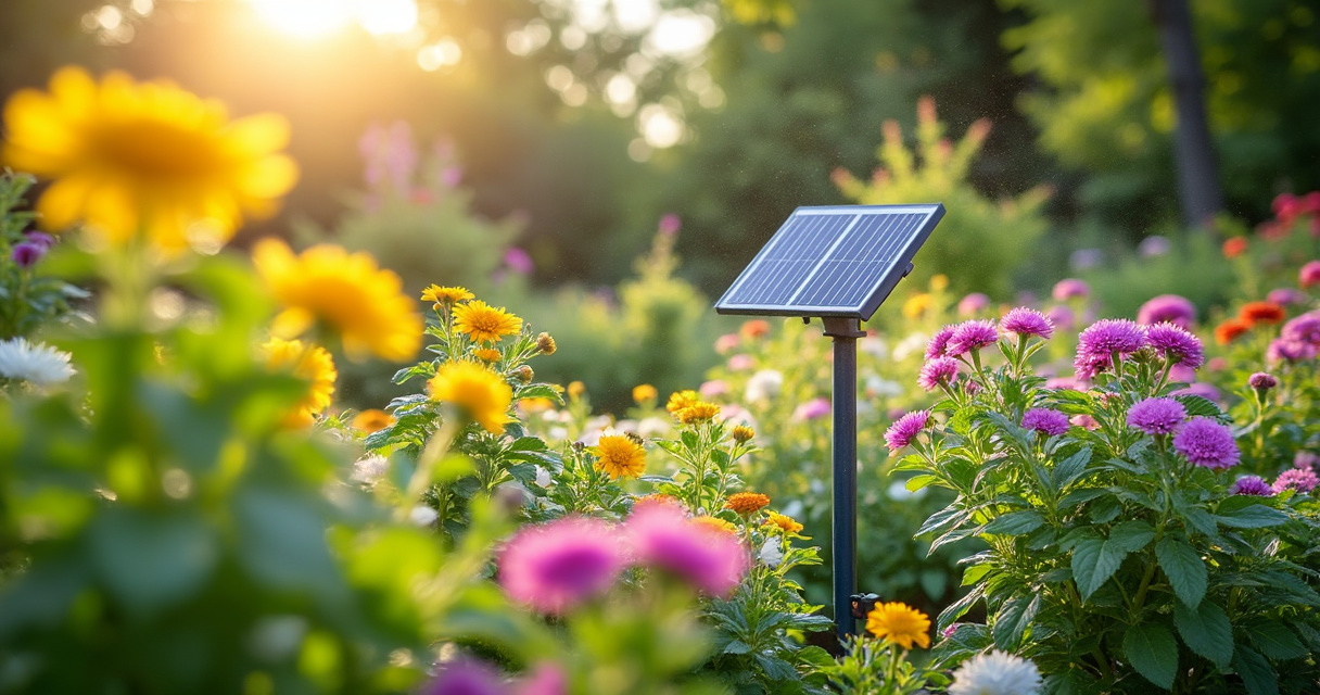 Solar-Panel mit Bewässerungsanlage im Garten bei Sonnenschein